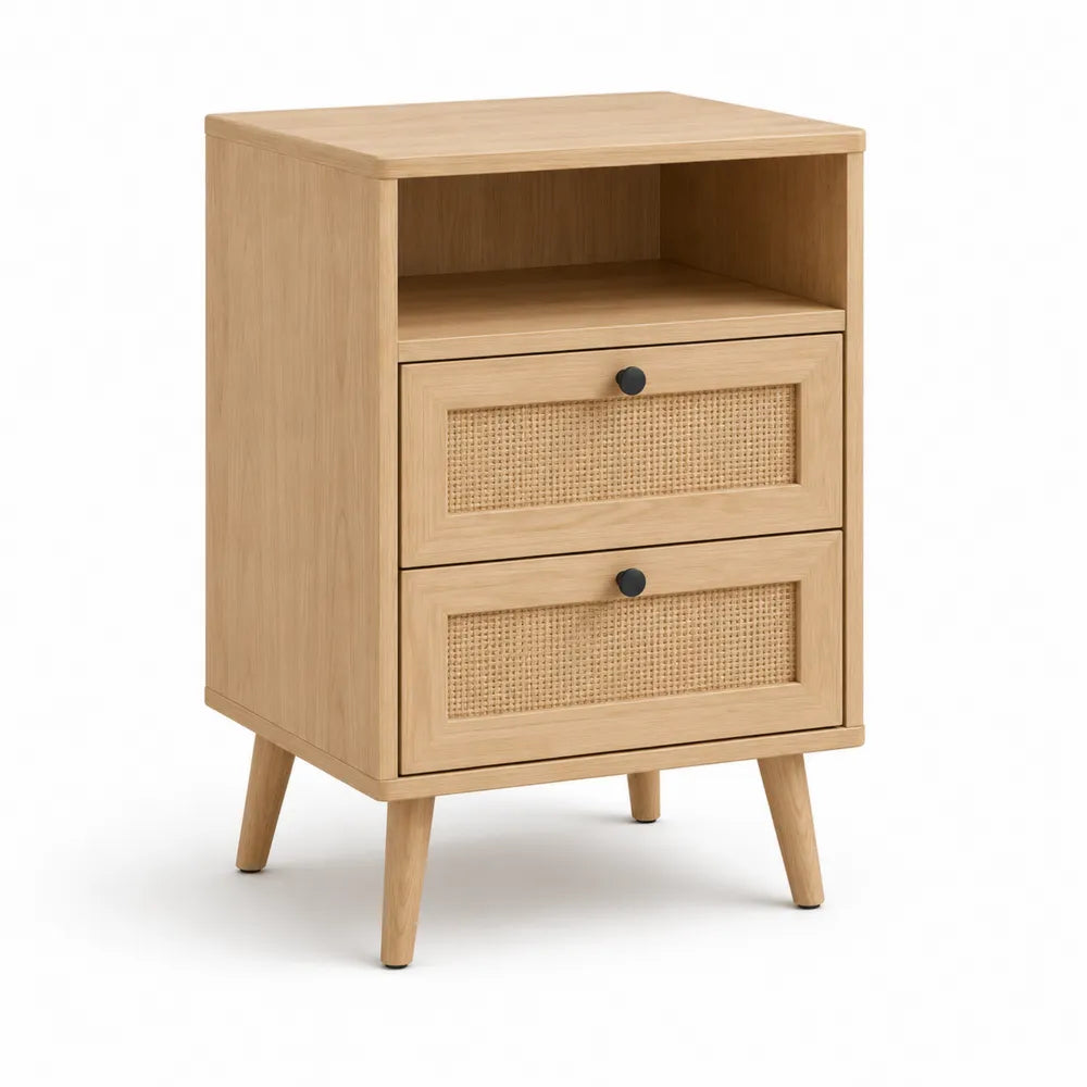 Nachttisch mit zwei Schubladen offenem Ablagefach Rattanfront Holzwerkstoff Natur 50 x 40 x 65 cm