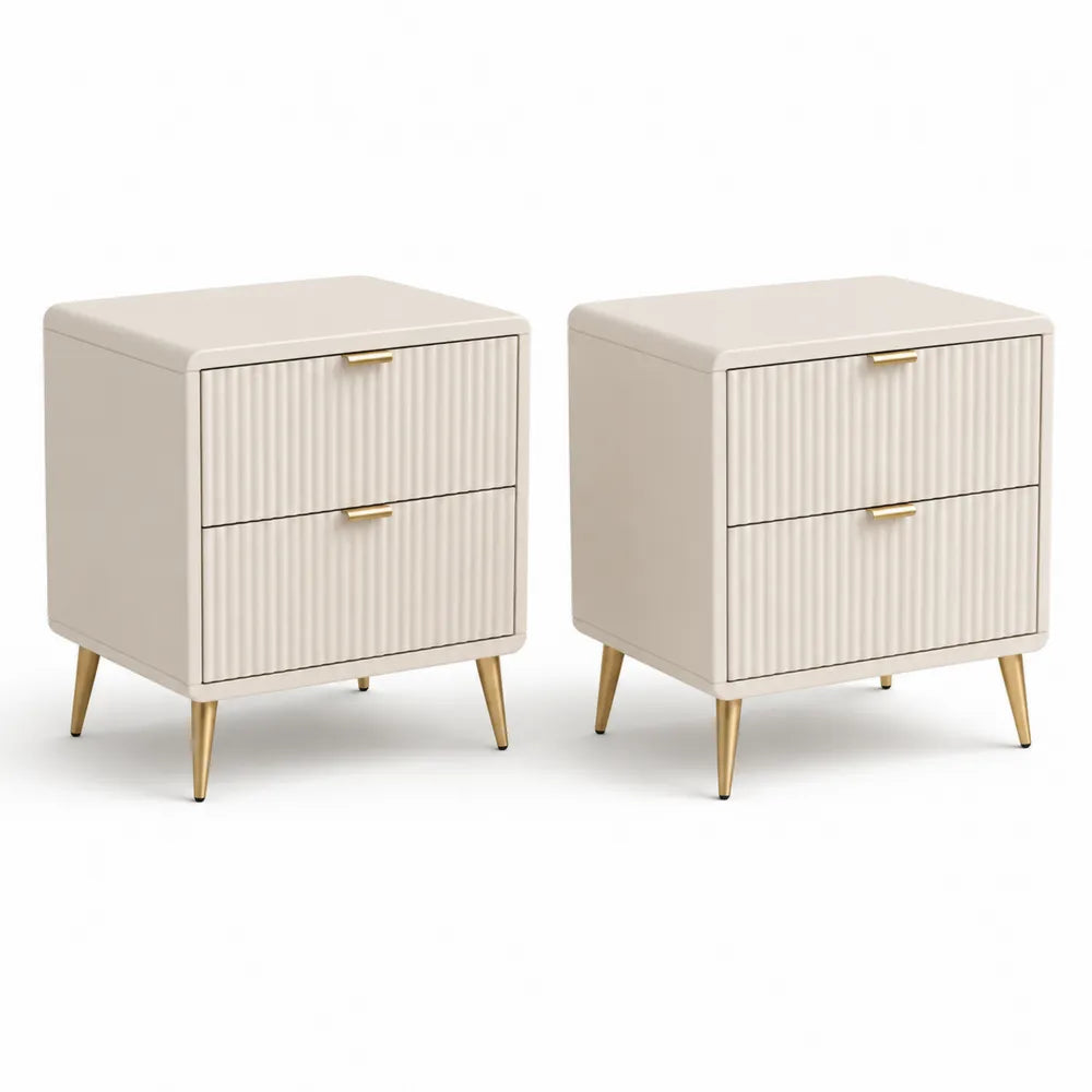 Nachttisch Set 2 Stück mit 2 Schubladen geriffelte Front MDF Metallbeine Cremeweiß 60 x 40 x 55 cm