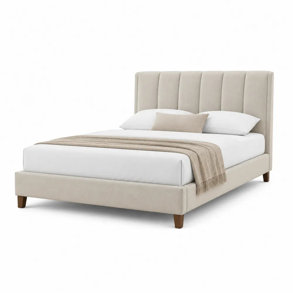 Polsterbett Doppelbett mit gepolstertem Kopfteil Polyester Bezug Massivholz Füße Beige 180 x 200 cm
