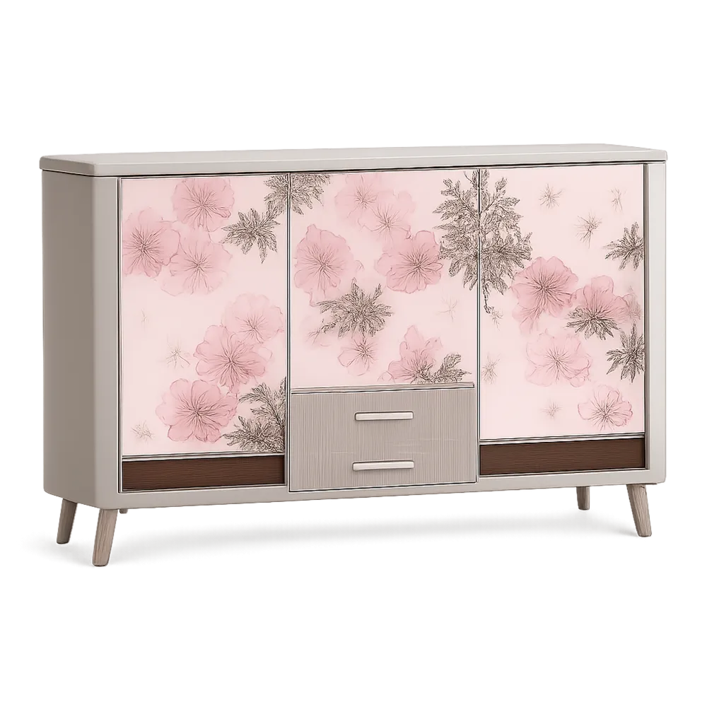 Sideboard Kommode MDF Holzwerkstoff Blumendekor Weiß Rosa Braun 160 cm x 40 cm x 80 cm