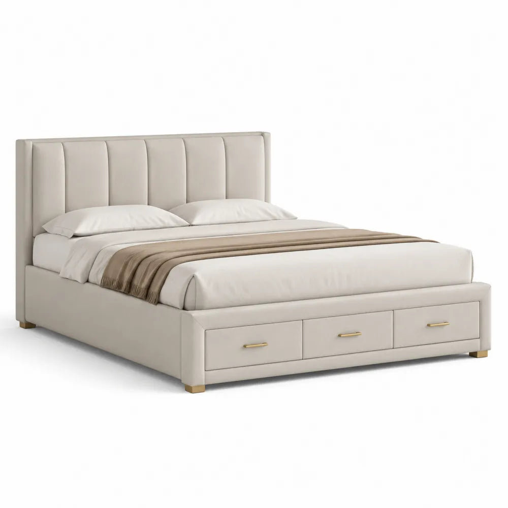 Polsterbett Doppelbett mit Schubladen Polyester Bezug gepolstertem Kopfteil Beige 160 x 200 cm
