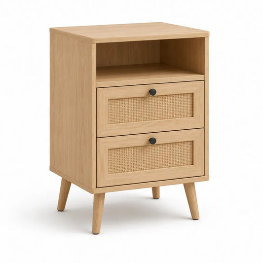 Nachttisch mit zwei Schubladen offenem Ablagefach Rattanfront Holzwerkstoff Natur 50 x 40 x 65 cm