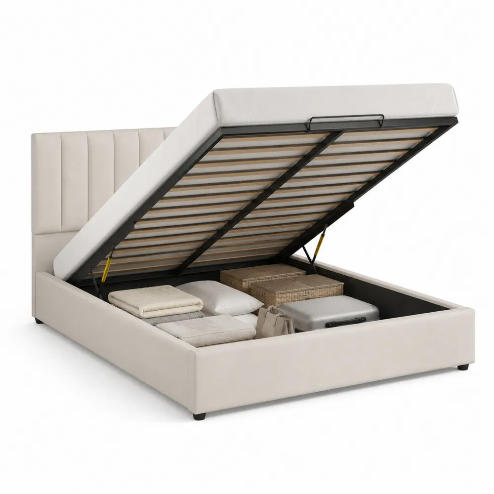Stauraumbett Polsterbett Doppelbett mit Bettkasten Hebemechanismus Polyesterbezug Beige 160 x 200 cm