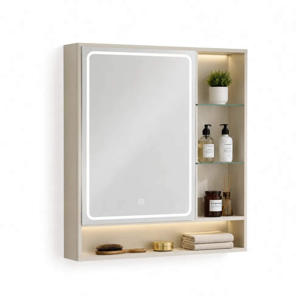 Spiegelschrank mit LED Beleuchtung MDF Glas Beige 80 cm x 15 cm x 70 cm