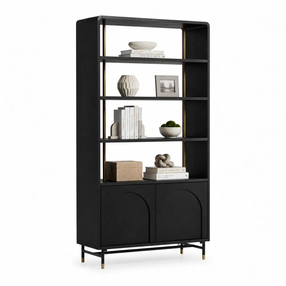 Bücherregal mit Schranktüren zwei Türen MDF Schwarz Gold 100 x 35 x 180 cm