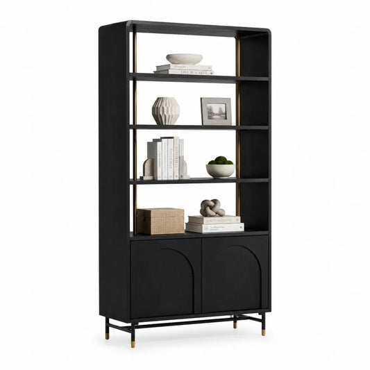 Bücherregal mit Schranktüren zwei Türen MDF Schwarz Gold 100 x 35 x 180 cm
