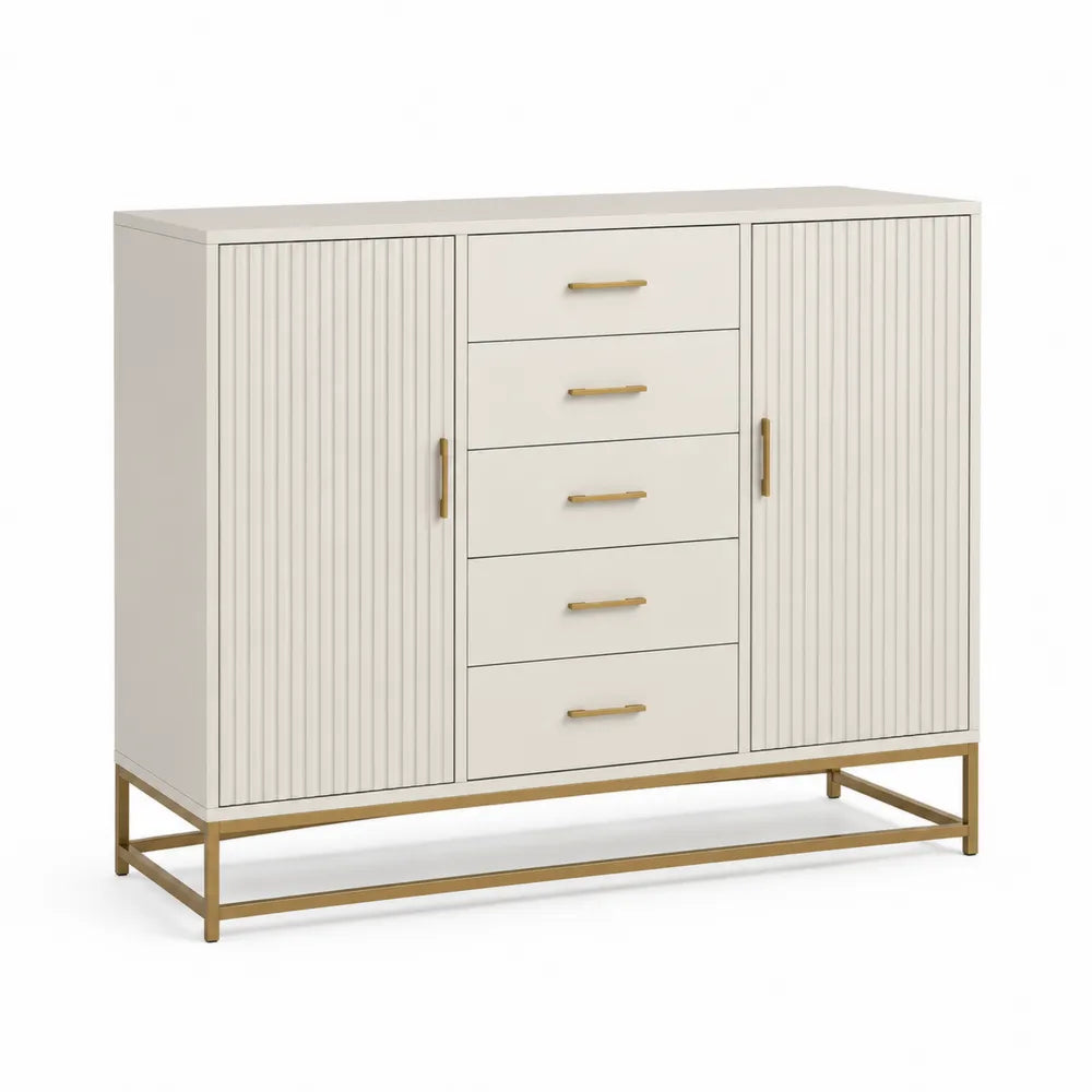 Sideboard Kommode mit 2 Türen 5 Schubladen MDF Holzwerkstoff Rillenfront Weiß Gold 160 x 40 x 90 cm