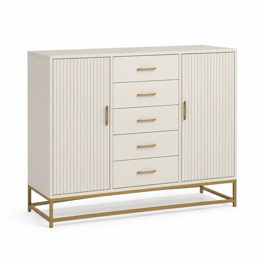 Sideboard Kommode mit 2 Türen 5 Schubladen MDF Holzwerkstoff Rillenfront Weiß Gold 160 x 40 x 90 cm