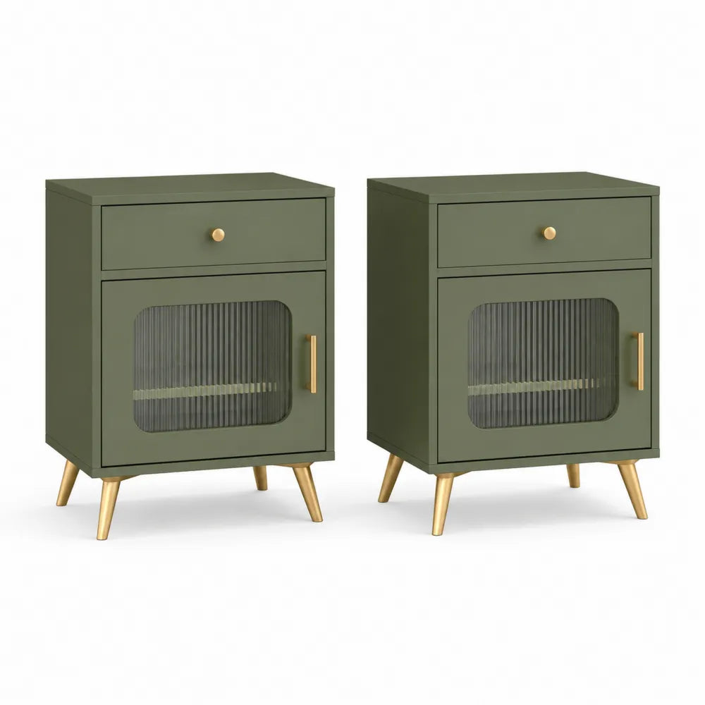 Nachttische 2er Set mit Schublade und Glastür MDF Olivgrün Gold 40 x 35 x 60 cm