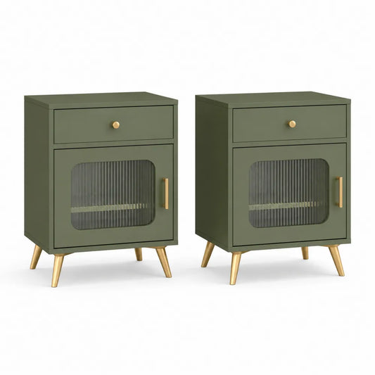 Nachttische 2er Set mit Schublade und Glastür MDF Olivgrün Gold 40 x 35 x 60 cm