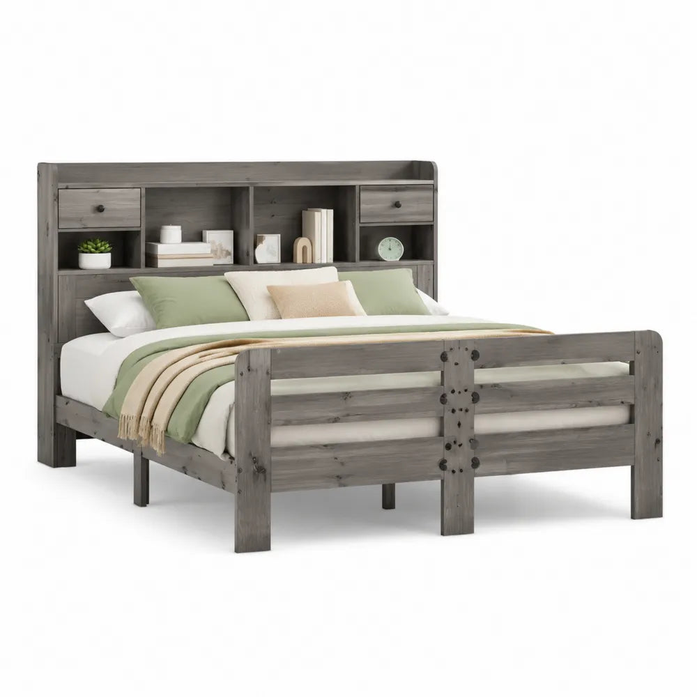 Holzbett Doppelbett mit Kopfteilregal zwei Schubladen MDF Holzdekor Grau 180 x 200 cm