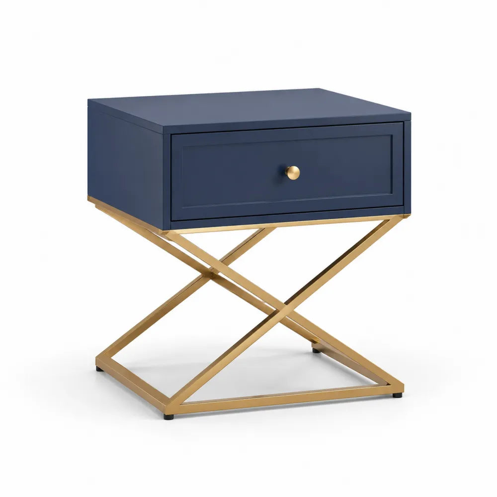 Nachttisch mit Schublade MDF Stahlgestell Dunkelblau Gold 60 x 40 x 60 cm