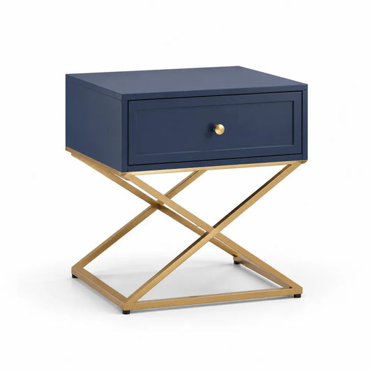 Nachttisch mit Schublade MDF Stahlgestell Dunkelblau Gold 60 x 40 x 60 cm
