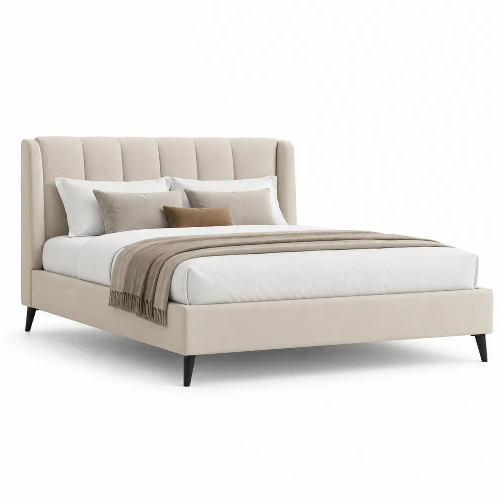 Polsterbett Doppelbett mit gepolstertem Kopfteil Polyesterbezug Metallfüße Beige 180 x 200 cm