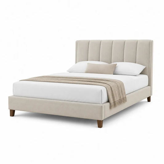 Polsterbett Doppelbett mit gepolstertem Kopfteil Polyester Bezug Massivholz Füße Beige 180 x 200 cm
