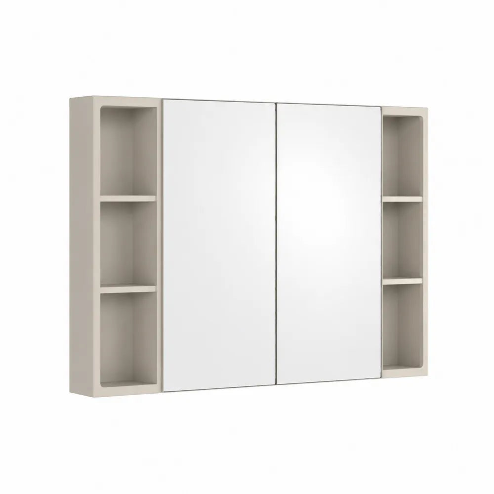 Spiegelschrank Badezimmer mit 2 Spiegeltüren offenen Ablagen MDF Weiß 120 x 15 x 70 cm