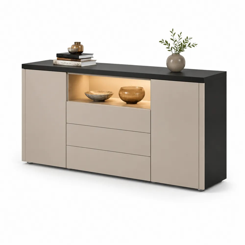 Sideboard Kommode mit Türen Schubladen offenem Fach LED Beleuchtung Spanplatte Beige Schwarz 180 x 40 x 80 cm