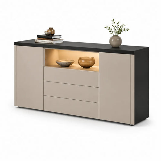 Sideboard Kommode mit Türen Schubladen offenem Fach LED Beleuchtung Spanplatte Beige Schwarz 180 x 40 x 80 cm