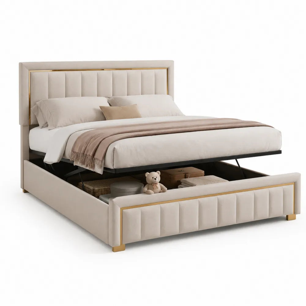 Stauraumbett Polsterbett Doppelbett mit Bettkasten Hebemechanismus Polyester Bezug Beige 180 x 200 cm